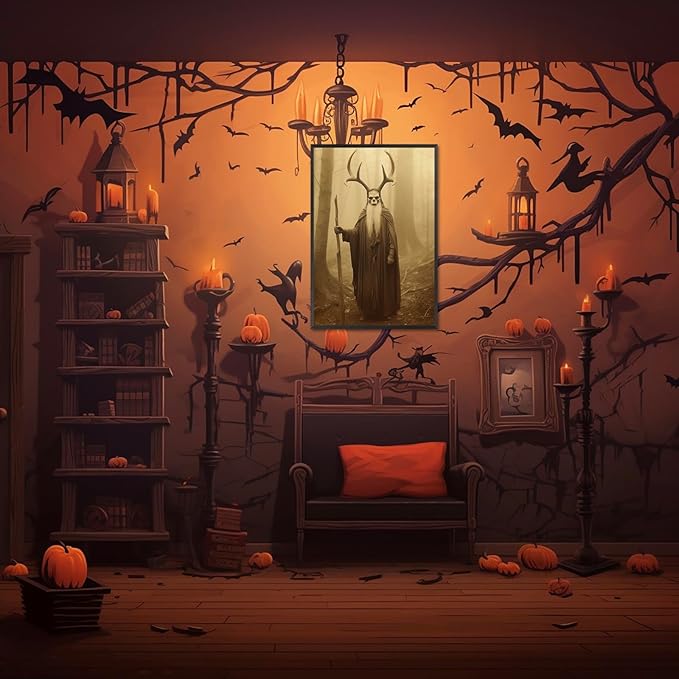 Skeleton Halloween Decor Occult Druid of the Forest Poster Canvas Wall Art Vintage Spooky Print Gothic Room Decor Dark Academia Decorations Bedroom Creepy Skull Picture 16X24inch Aluminum Framed