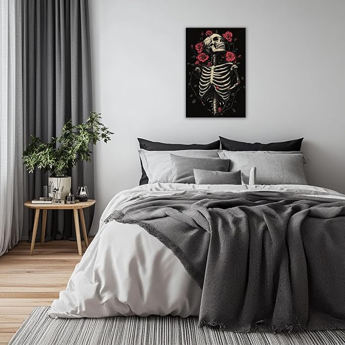 OAAPITI Gothic Skull Wall Art Skeleton and Roses Canvas Pictures Print Vibrant Dark Art Decor for Bedroom Living Room Bathroom(Artwork-6,16"x24")
