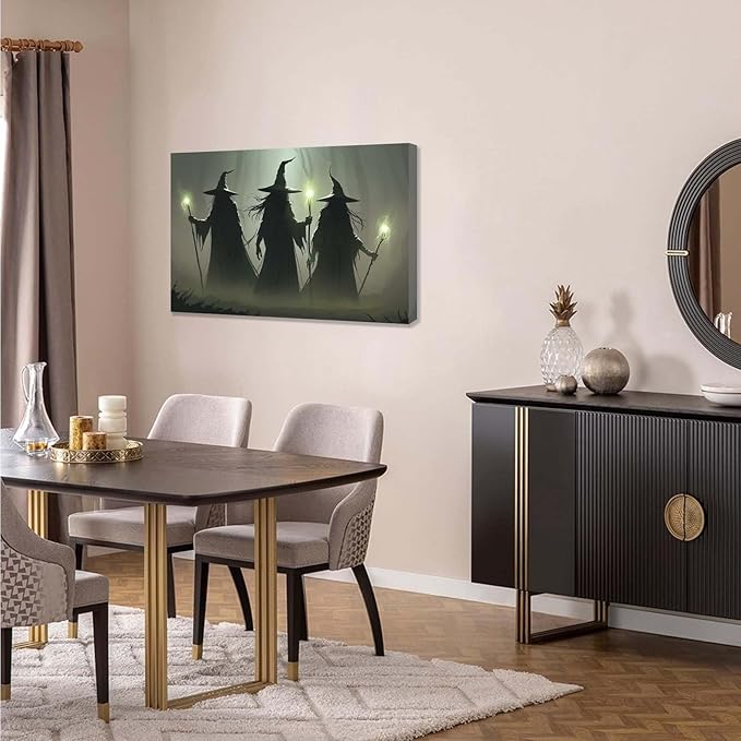 JFHCQJPK Vintage 3 witches canvas wall decor melancholy dark Halloween poster wall decor holding a staff print Gothic horror Halloween painting print for living room bedroom24x36in Frameless