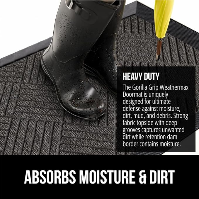 GORILLA GRIP 100% Waterproof All-Season WeatherMax Doormat US Designed Natural Rubber, Stain and Fade Resistant, Low Profile Indoor Outdoor Door Mats, Easy Clean Patio Mat, 17x29, Gray Diamond