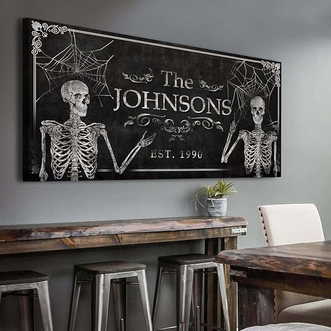 Tailored Canvases Gothic Family Wall Decor - Personalized Grunge Vintage Skeleton Room Decor for Home, Halloween Lovers, Men & Women for Bedroom, Living Room - Custom Couple Name, White Print, 36"x12"