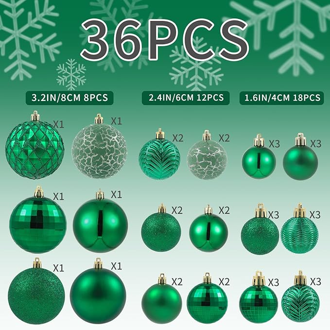 LANGXUN 36pcs Emerald Green Christmas Tree Decorations Balls, Bolas De Navidad, 2025 Christmas Decor, Indoor Outdoor Shatterproof Christmas Ornaments, Xmars Party Wedding Suppiles
