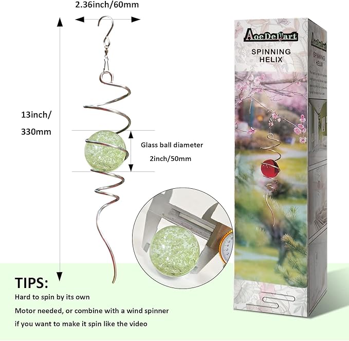 Glow in The Dark Wind Spinner Tail Gazing Ball Spiral Decorative Spiral Tail Wind Spinner Stabilizer Sun Catcher,Indoor Outdoor Hanging Art Garden Decoration Wind Sculpture Stabilizer-13in