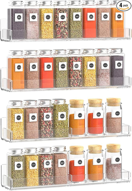Acrylic Wall Spice Rack Organizer, Seasoning Rack Shelf Organizer, Clear Wall Mounted Spice Rack Condiment Organizer with Additional Removable Middle Divider, 4 Pack…