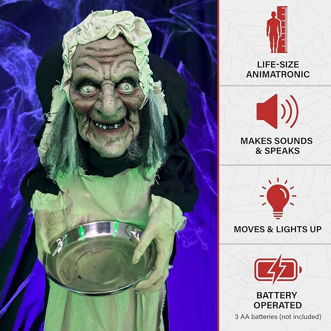Haunted Hill Farm Life-Size Halloween Animatronic, Scary Talking Zombie Maid with Touch Activated Lights and Sounds, Battery Operated Indoor or Covered Outdoor Halloween Decorations for Home