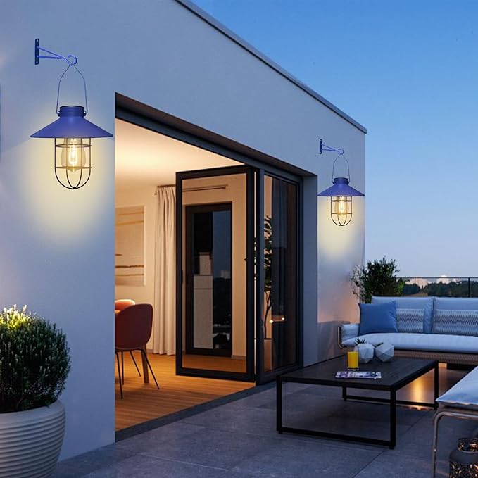 pearlstar Solar Lantern Outdoor Hanging Light Metal Farmhouse Solar Lamp with Warm White Edison Bulb Design for Garden Yard Patio Proch Decor(Blue)