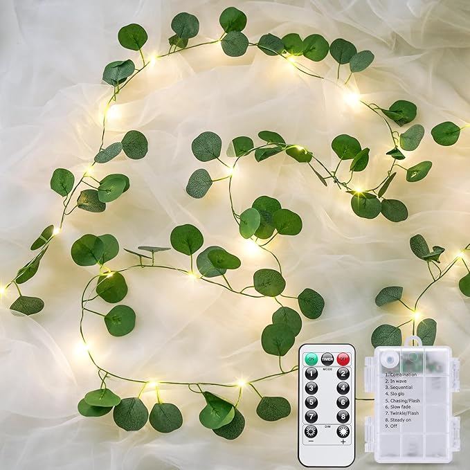 JMEXSUSS 33 FT 100 LED Eucalyptus Vine Fairy Lights, Vines with Lights Battery Operated with Remote, Eucalyptus Leaf Light Garland Indoor Outdoor for Bedroom Wall Classroom Party Decor(Warm White)
