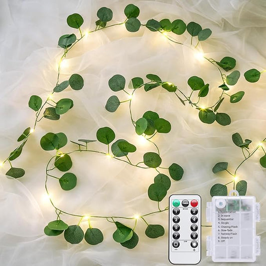 JMEXSUSS 33 FT 100 LED Eucalyptus Vine Fairy Lights, Vines with Lights Battery Operated with Remote, Eucalyptus Leaf Light Garland Indoor Outdoor for Bedroom Wall Classroom Party Decor(Warm White)