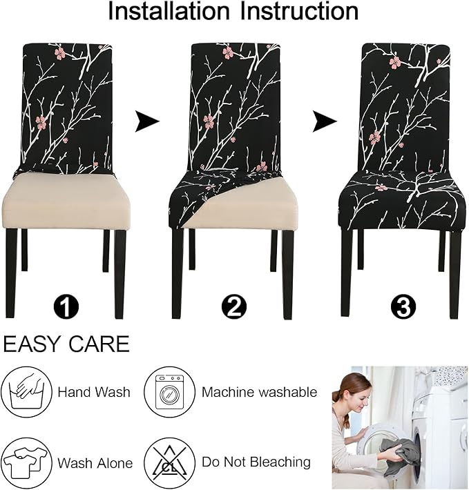JQinHome Pattern Chair Covers for Dining Room Set of 6, High Stretch Removable Washable Parsons Chair Slipcover for Home Party Hotel Wedding Ceremony (Flourish Black,6PCS)
