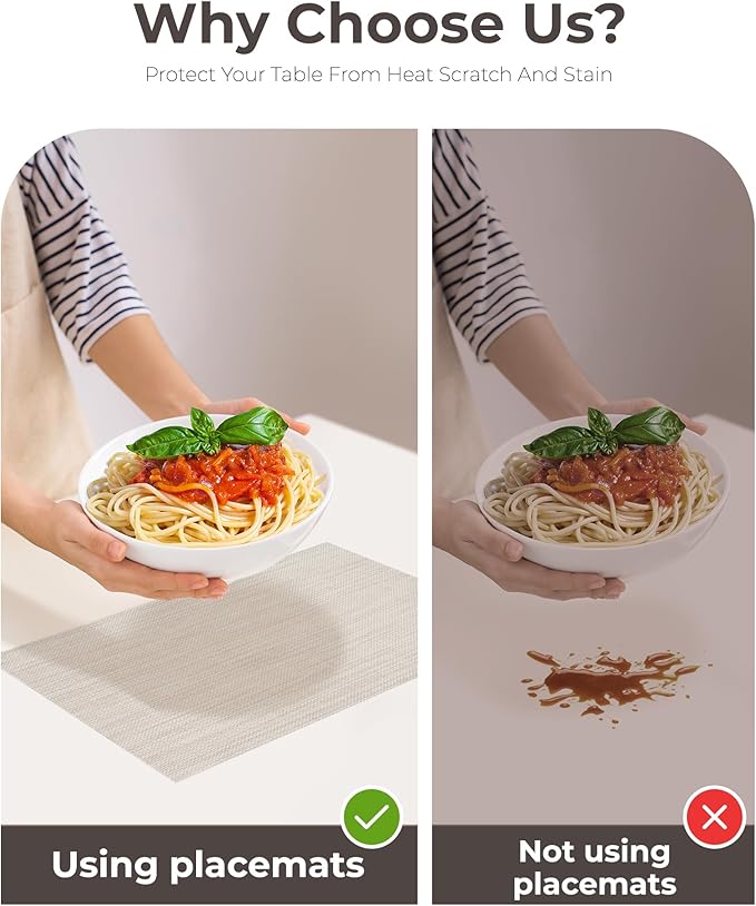 Leetaltree Beige White Placemats Set of 6 - Heat Resistant Non-Slip Place mats for Dining Table, Washable Durable PVC Vinyl Woven Table Mats（Beige White, 6）