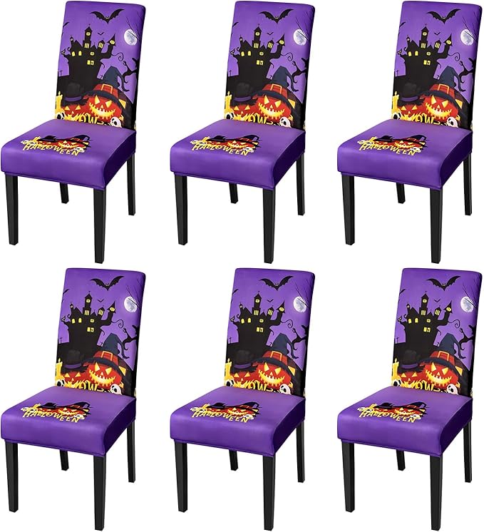 JQinHome Purple Halloween Chair Slipcover, Castle Chair Covers Set of 6, High Stretch Washable Chair Protector Cover for Dining Room, Kitchen,Home Party,Wedding Ceremony(Purple,6PC)