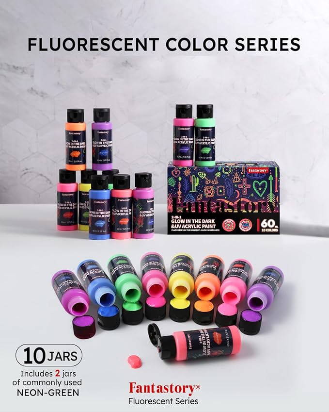 Fantastory Fluorescent Glow in the Dark Paint,60ml /2oz,Neon Colors Glow Acrylic Paints; Waterproof Blacklight Paint for Outdoor Rock,Wood,DIY Craft,Canva,Pumpkin,Halloween,Holiday Decor