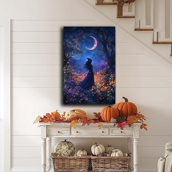 Vintage Halloween Witch Decor Mystic Gothic Wall Art Poster,Enchanting Witch Fall Whimsical Wildflowers Woodland Forest Crescent Moon Picture Art,Creepy Witchy Home Decor,20"x30" Unframed