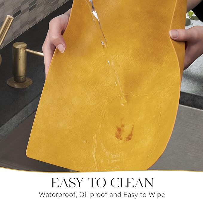 MOSAYT Vinyl Placemats Set of 8-12 X 17 Inch - Faux Leather 100% Waterproof Oil-Proof Wipeable PU Place Mats, Heat Resistant Reversible Table Mats for Kitchen, Dining, Outdoor (Yellow)