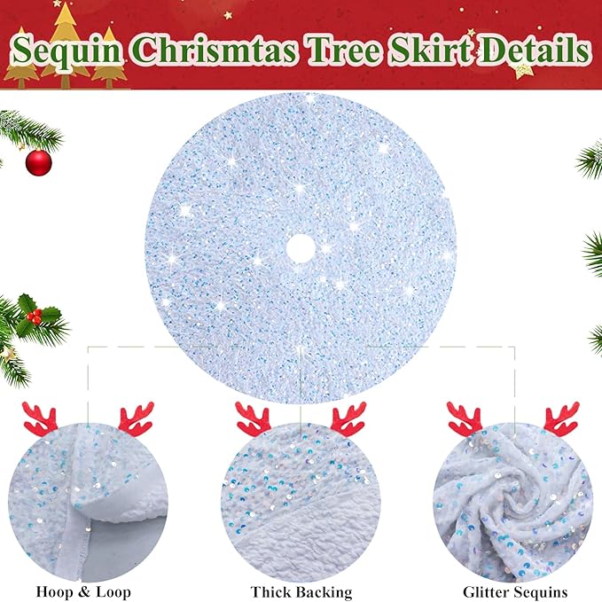 MODFUNS Sequin Christmas Tree Skirt Iridescent White Sparkle Tree Skirt 46 Inch Velvet Xmas Tree Mat Thick Bling Tree Skirt Christmas Decoration Shimmer Tree Cover Skirt for Merry Christmas Party
