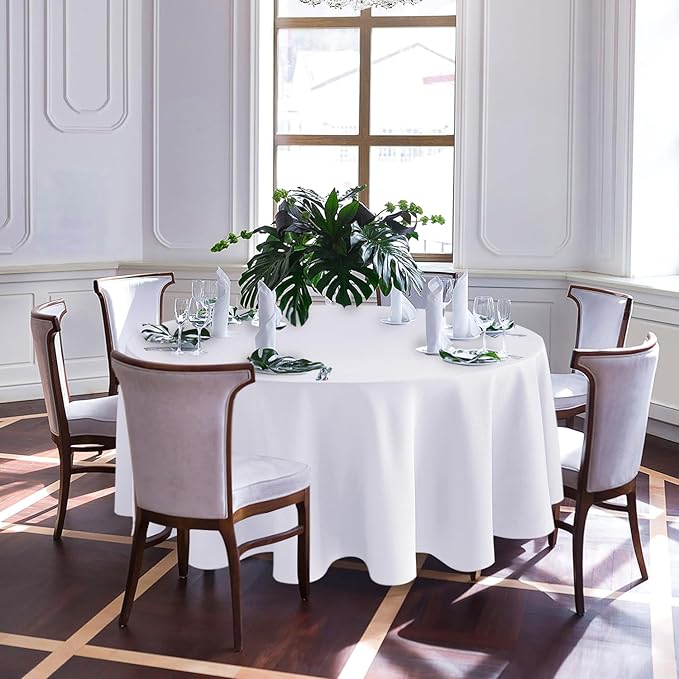 Biscaynebay Textured Fabric Round Tablecloths 108", White Water Resistant Table Cloth Circle Folding Table Covers Linen for Dining, Kitchen, Wedding and Parties etc. Machine Washable