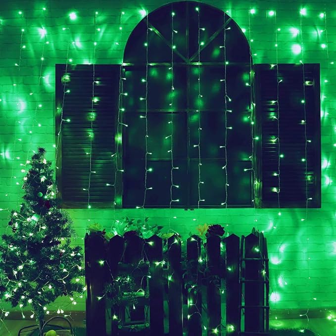 HEYFUNi Fiee Curtain Lights,304L 9.8ftX9.8ft 30V 8Modes Safety Window Lights with Memory for Home Wedding Christmas Party Patio Lawn Garden Bedroom Outdoor Indoor Wall Decorations (304LED, Green)