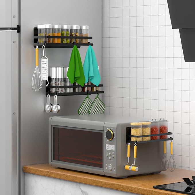 Magnetic Spice Rack for Refrigerator,Magnetic Shelf Fridge Organizer for Kitchen, Space Saver Container for Kitchen/Apartment, Drill Free, Black 2 Pack