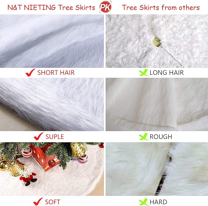 35 Inch Faux Fur Christmas Tree Skirt with Lights Soft Snow White Plush Tree Mat Christmas Decorations Fluffy Tree Skirts Xmas Holiday Party Indoor Decorations