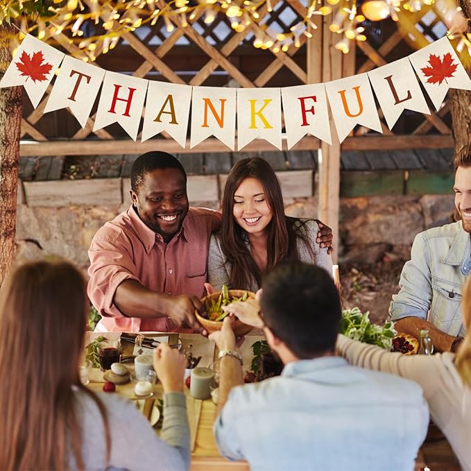 Doumeny Thankful Burlap Banner Fall Thanksgiving Banner Garland Autumn Maple Leaves Bunting Garland Thanksgiving Party Hanging Flag Harvest Bunting Flag for Home Wall Mantel Fireplace Farmhouse Decor