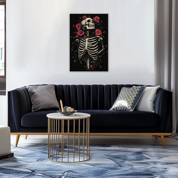 OAAPITI Gothic Skull Wall Art Skeleton and Roses Canvas Pictures Print Vibrant Dark Art Decor for Bedroom Living Room Bathroom(Artwork-6,12"x18")