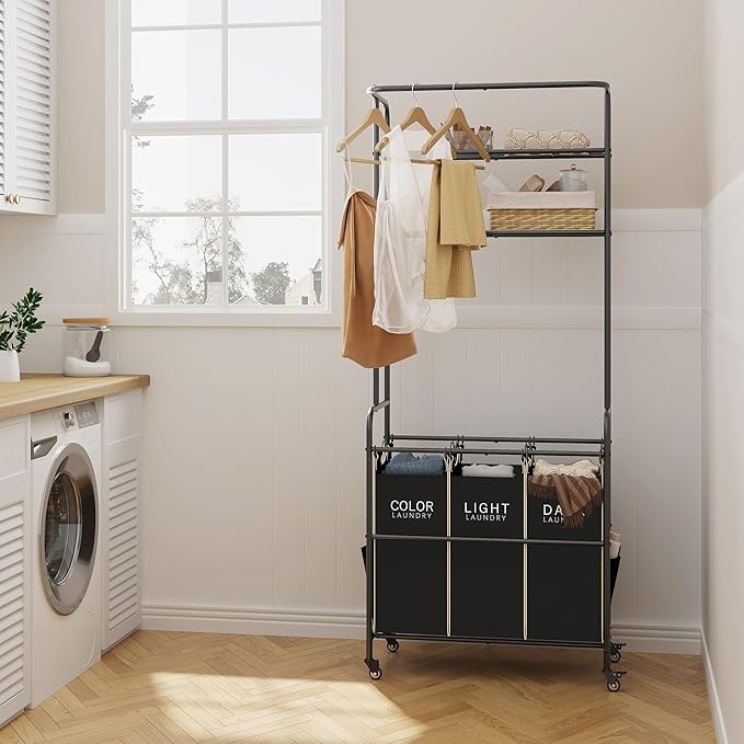 Laundry Sorter 3 Section,Laundry Hamper Cart with Hanging Rack & Removable Bags,Heavy Duty Laundry Basket with Wheels & 2 Tier Shelf,Space-Saving Laundry Basket Organizer for Laundry Room