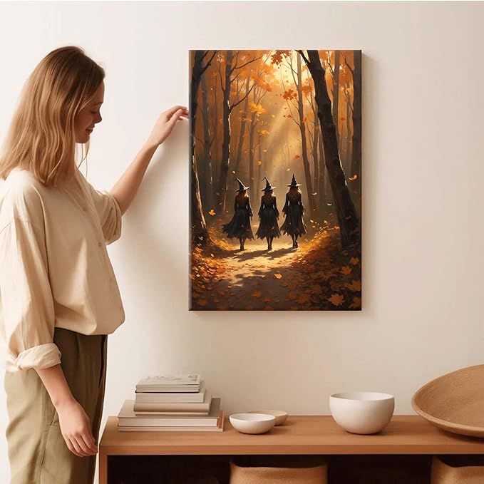 JFHCQJPK Three witches walking in the forest in autumn canvas painting gothic poster halloween print country witch wall art for home decoration24x36in Frameless