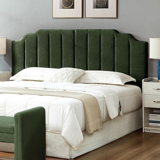 24KF Dark Green Teddy Fabric Tufted King Upholstered Headboard, Modern Vertical Channel Design California King Headboard with Stepped Silhouette Top Edge,6026-K-Teddy Dark Green
