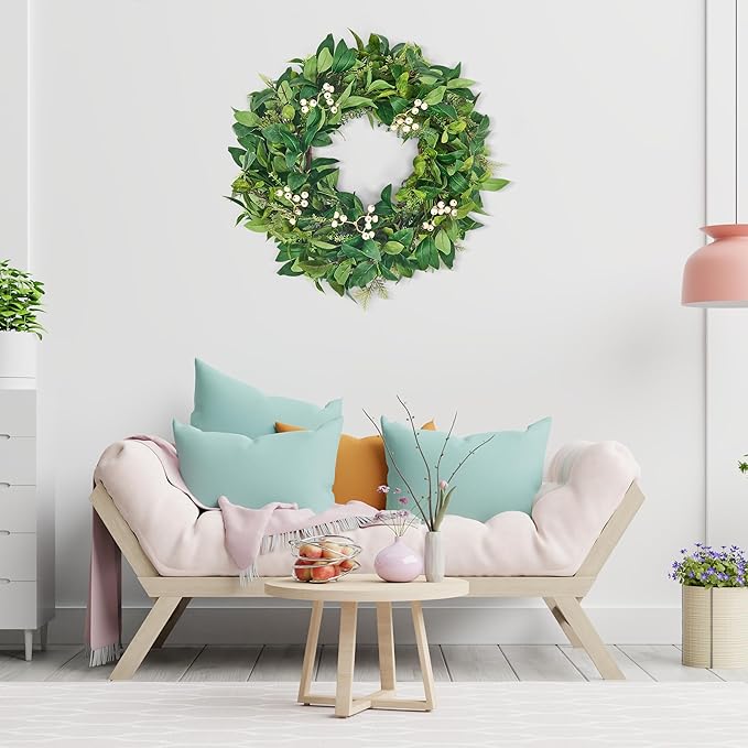 GENMOUS 24 Inch Christmas Wreaths for Front Door, Green Cypress Leaves Wreath with Cedar Laurel White Berries, All Season Indoor Outdoor Wedding Holiday Christmas Home Wall Door Porch Decor