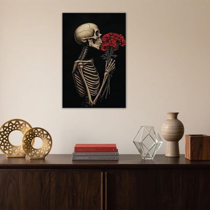 OAAPITI Red Rose Skull Wall Art Dark Themed Skeleton Painting Modern Artwork for Gothic Home Decor(Artwork-5,12"x18")