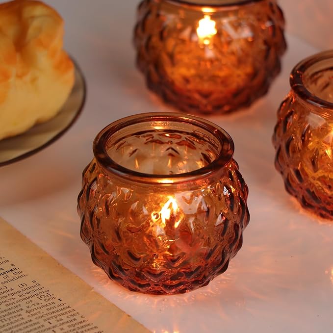 Amber Votive Candle Holders Set of 24 - Round Glass Candle Holders for Table Centerpiece, Tea Lights for Home & Vintage Wedding Decorations