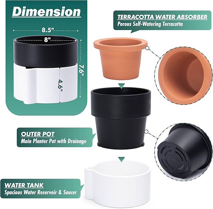 8 Inch Self-Watering Planter Pot with Terracotta Insert, Deep Water Reservoir, and Ceramic-Alike BPA-Free Plastic Planter Pot for Plant, Modern Planter for Houseplants, White/Black, 53-B-T-4