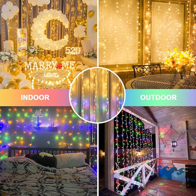JMEXSUSS 300LED Dual Color Changing Curtain Lights with Remote, 9.8 x 9.8ft Connectable Plug in Christmas String Lights for Bedroom Backdrop Outdoor Decor, Warm White to Multicolor