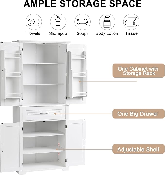 72.2" Tall Storage Cabinet with 4 Doors and Drawer, Freestanding Linen Cabinet, Wooden Pantry with Adjustable Shelf for Kitchen, Bathroom, Living Room White