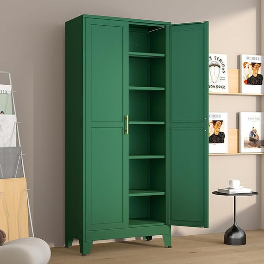 Metal Pantry Cabinet with 2 Doors and 5 Adjustable Shelves, 75" Kitchen Storage Cabinet with Gold Handles, Versatile Storage for Laundry, Living, Bathroom, Dining, Utility Room - Green