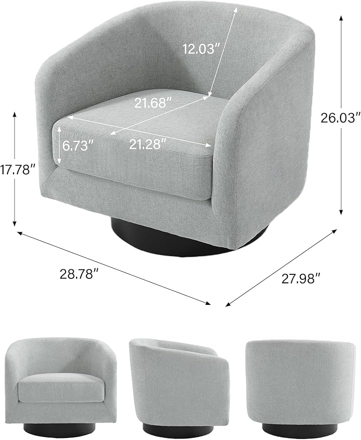 Swivel Barrel Accent Chair, Modern Round Chenille Fabric Arm Chair for Living Room, Bedroom, Comfy Club Reading Chairs for Adults（Chenille Fabric, Light Grey, Set of 1