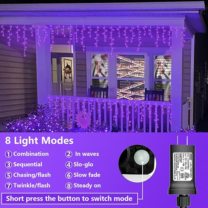 QITONG Purple Halloween Lights Outdoor, 33ft 400 LED Icicle Light for Outside Indoor Plug in, 8 Modes Clear Wire Connectable Christmas Lights with 80 Drops