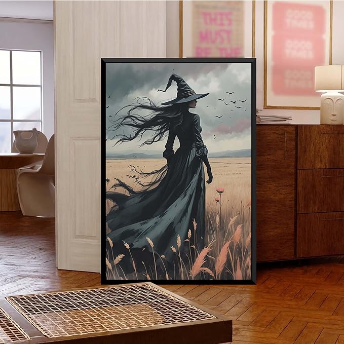 JFHCQJPK Gothic Decor Canvas Wall Art Witch in Rice Field Halloween Art Decor Print Nature Print Victorian Home Bedroom8x12in Metal blackFramed