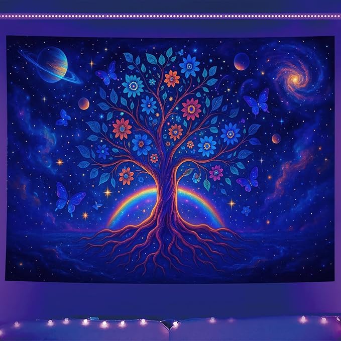 Starlit Patio Cosmic Tree Blacklight Tapestry UV Reactive Wall Hanging Rainbow Roots Flowers and Planets for Bedroom Dorm Living Room Glowing Spiritual Decor Fluorescent Trippy Poster 78 x 59 Inch
