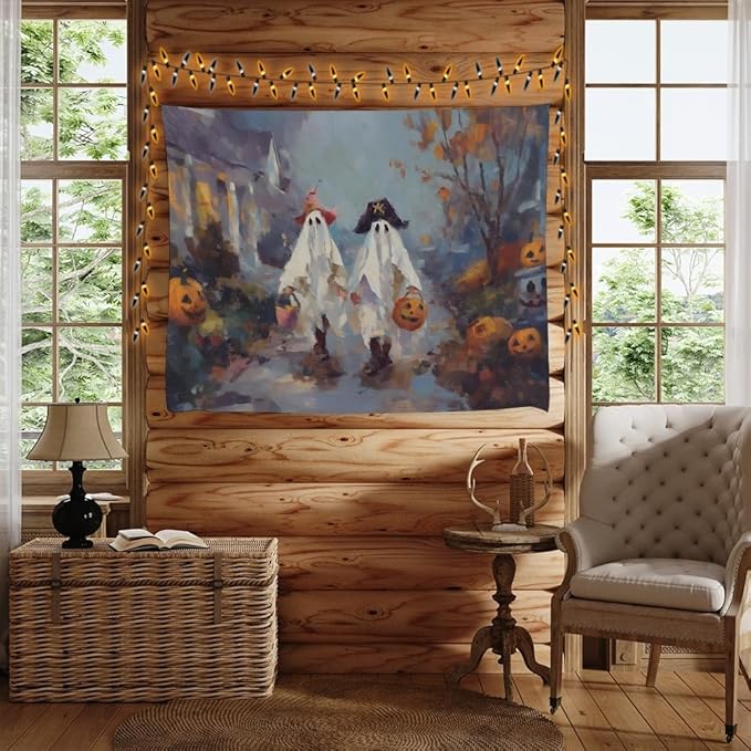 Funny Halloween Ghost Tapestry Wall Hanging Cute Kids Nursery Room Decor Trick or Treat Art Print Goth Fall Pumpkin Ghost Tapestries for Living Room Bedroom wall Decor 50x60inch