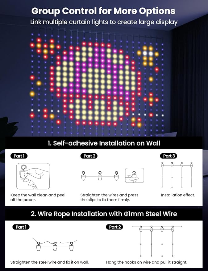 Smart LED Curtain Lights, RGB+IC Color Changing Holiday Wall Lights, 6.6x6.6ft 400 LEDs, Indoor Dynamic DIY String Lights, APP Remote Control, for Bedroom, Living Room, Window Decor, Party, Wedding