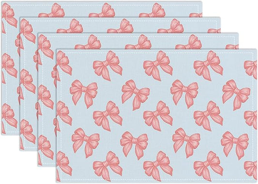 Pink Bow Placemats Set of 4, Blue Table Mat for Home Kitchen, Restaurants, Outdoor Linen Washable Place Mats 12x18 inch Party Event Dining Decoration-04