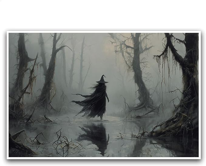JFHCQJPK Vintage rustic swamp witch poster dark moody wall art gothic horror season halloween print for home decor retro dark moody painting8x12in Frameless