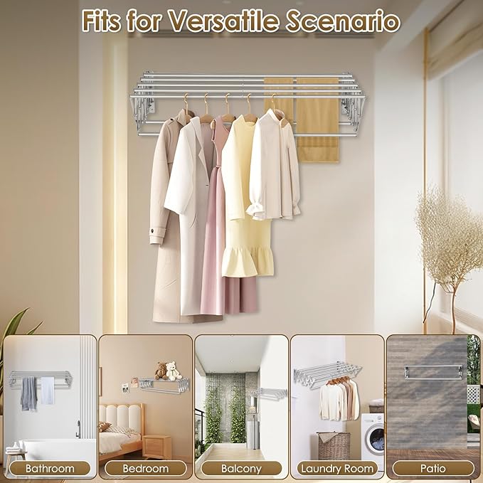 XL-31.5" Wall Mounted Clothes Drying Rack, 130 LBS Large Capacity Rustproof Retractable Clothes Rack, Collapsible Drying Rack Easy to Install with 7 Drying Rods, Space Saving for Laundry-White