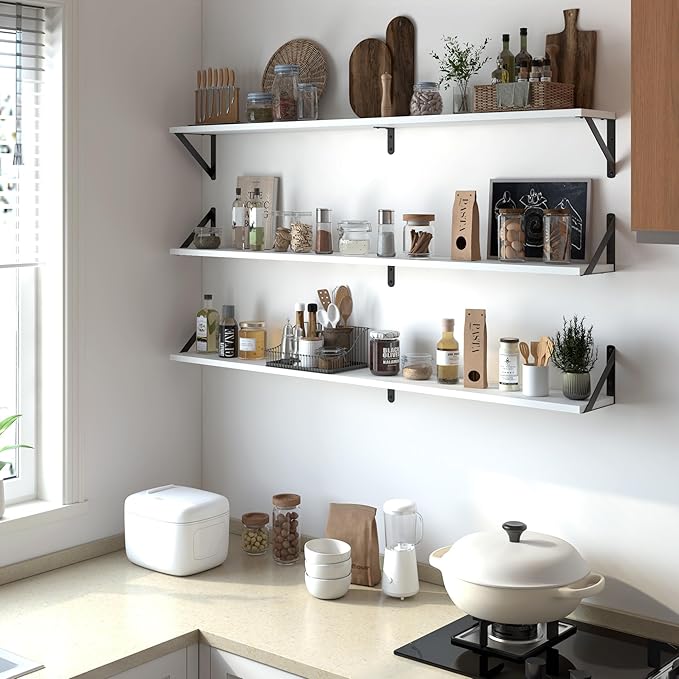 Heimlove 48 Inch Large Wall Bookshelves Set of 3, Wall Mounted Bookshelves,Heavy Duty Wooden Shelves for Living Room,Bedroom,Kitchen,Laundry Room Storage & Decor