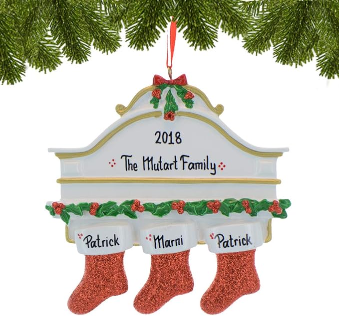 3D White Mantle Family of 3 Christmas Ornament 2025 Personalized Family Christmas Ornaments 2025 | Garland Fireplace Personalized Tree Ornaments Customizable Gifts Red Stockings of Three Ornament
