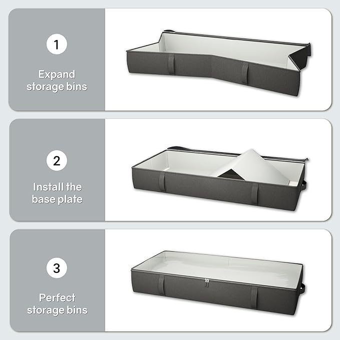 2-Pack Under Bed Storage Containers, 8 Inches Tall Underbed Clothes Storage Organizer Bin with Sturdy Sidewalls/Bottom, Under the Bed Storage Bags 2 Storage Bins, Black