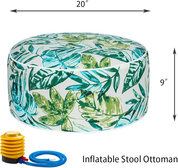 FUNHOME Inflatable Outdoor Ottoman with Air Pump,20"x9" Portable Patio Pouf,Water Resistant,Fade-Resistant,Round Blow Up Footrest Stools for Home Garden Camping Travel(Palm Leaf)