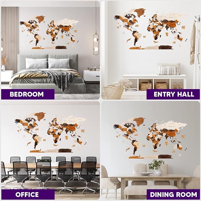 HYPERI Multilayered 3D Wooden World Map Wall Decor, Wood Art Wall Decor, Mapa Mundi Para Pared, World Maps and Push Pins, Valentine's Day Gifts For Dad, Mom, Boss, Husband, Wife (XX-Large)
