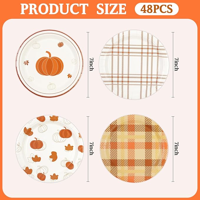 48Pcs Fall 7inch Paper Plates - Pumpkin Maple Leaf Dessert Plates for Cake Salad Fruit Disposable Autumn Party Supplies for Fall Thanksgiving Harvest Picnic Decoration, 4 Styles
